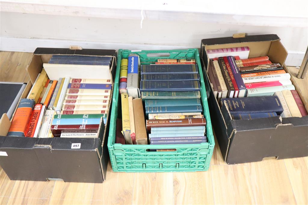 Three boxes of books, including Essays In Musical Analysis, Human Sexual Response, Tropic of Capricorn, The Divine Banquet of The Brain